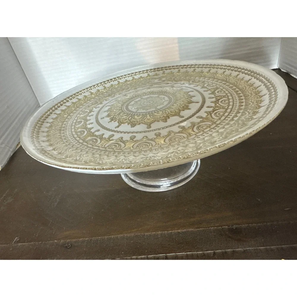 Gold Mandala Filigree Glass Cake Stand Round Clear Pedestal Dessert Plate 8in